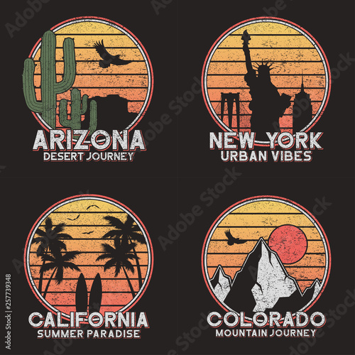 Set of design for american slogan t-shirt. Arizona, New York, Colorado and California typography graphics for grunge tee shirt. Vector.