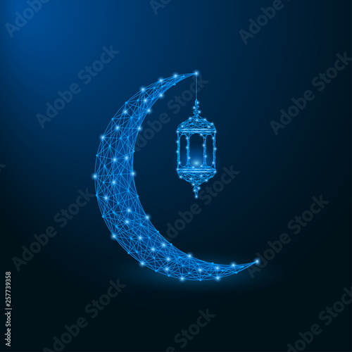 Low poly islamic crescent with lantern for Ramadan Kareem background. Polygonal wireframe mesh. Vector.