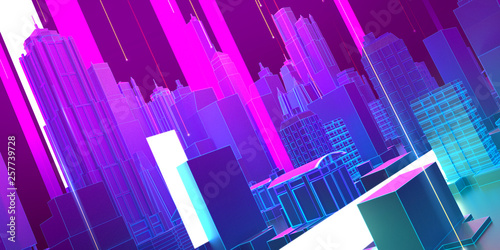 Abstract 3d city rendering with lines and digital elements retro wave synth wave high tech music poster template background illustration.
