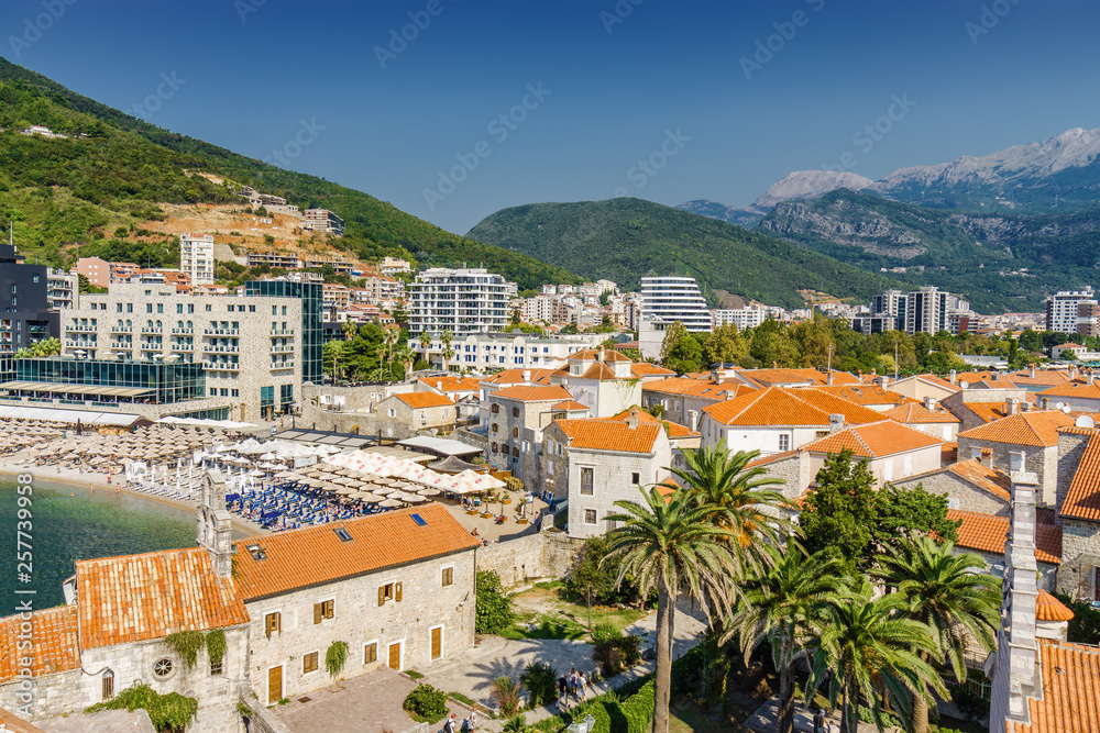 Picturesque view from historical center of Old Town of Budva, Montenegro.