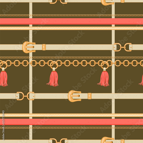 Geometric seamless pattern with golden chains, belts, rope and tassels. Trendy print for textile, scarf, silk shawls and cravat design. Vector illustration on khaki background.