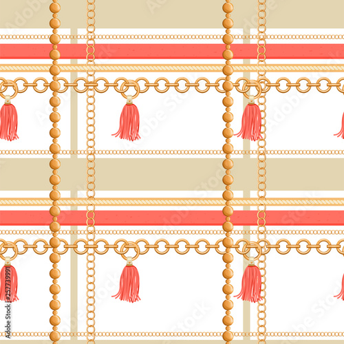 Geometric seamless pattern with golden chains, rope and tassels. Trendy luxury print for textile, scarf, silk shawls, wrapping and cravat design. Vector illustration on white background.