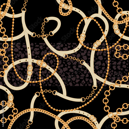 Abstract seamless pattern with golden chains, belts and leopard skin. Trendy luxury print for textile, scarf, lingerie, wrapping and cravat design. Vector illustration on black background.