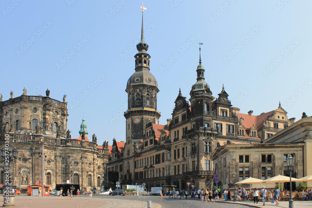 Theatre square in Dresden with a view of the Hofkirche and the tower Hausmannstr