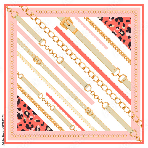 Abstract geometric pattern with golden chains, belts and animal skin. Trendy print for textile, scarf, silk shawls and cravat design. Vector illustration.