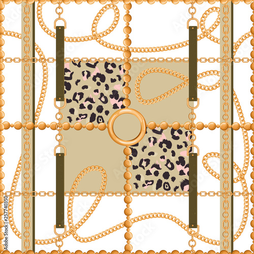Geometric seamless pattern with golden chains, belts and animal skin. Trendy print for textile, scarf, silk shawls and cravat design. Vector illustration.