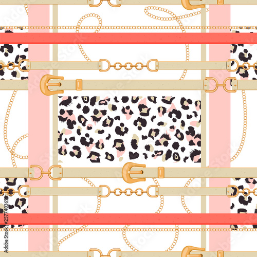 Abstract geometric seamless pattern with golden chains, belts and leopard skin. Colorful fashion print for textile, scarf, silk shawls and cravat design. Vector illustration on white background.