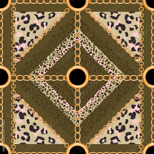 Abstract seamless pattern with golden chains and leopard skin. Trendy luxury print for textile, scarf, silk shawls, lingerie, wrapping and cravat design. Vector illustration on khaki background.