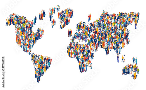 Vector of crowd of multicultural people composing a world map photo