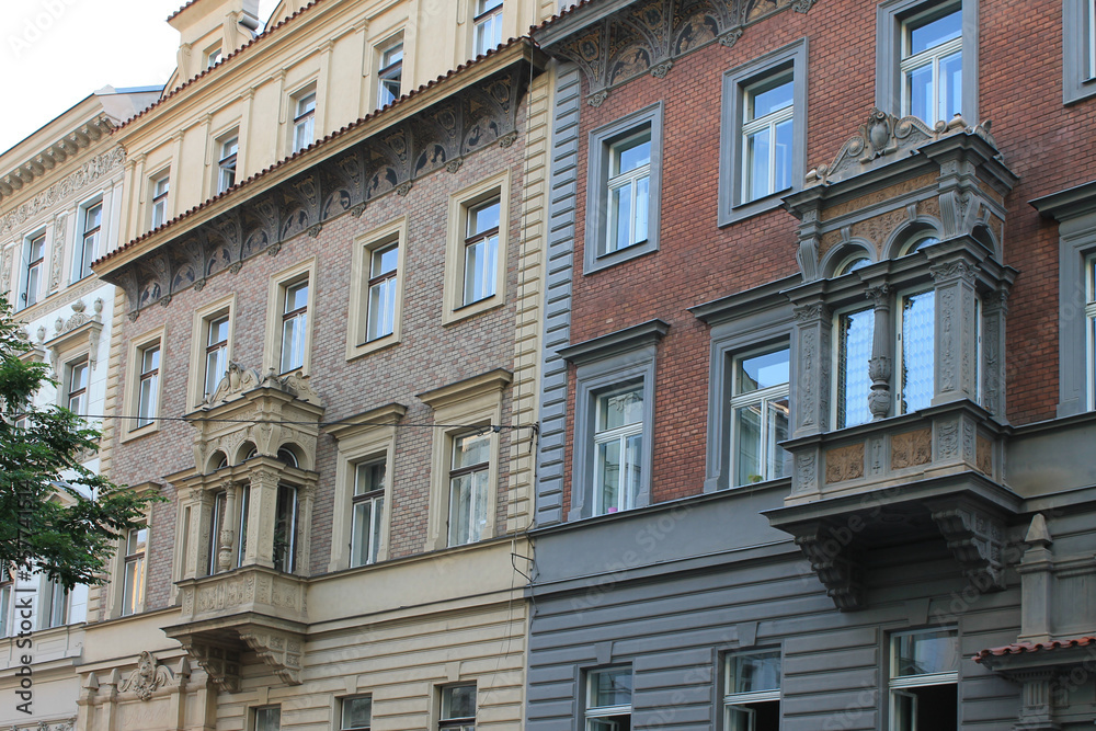 Architectural elements of the facade of the building in the historic center of Prague Czech Republic