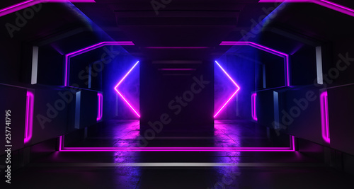 Futuristic Background Neon Glowing Sci Fi Dark Empty Corridor Tunnel Hall Vibrant Purple Blue Fluorescent Spaceship Cyberpunk Future Virtual Reality 3D Rendering