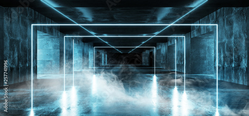 Smoke Empty Blue Sci Fi Futuristic Retro Fluorescent Luminous Rectangles Shaped Neon Tube Laser Led Glowing Vibrant Lights On Concrete Virtual Dark Tunnel Corridor 3D Rendering