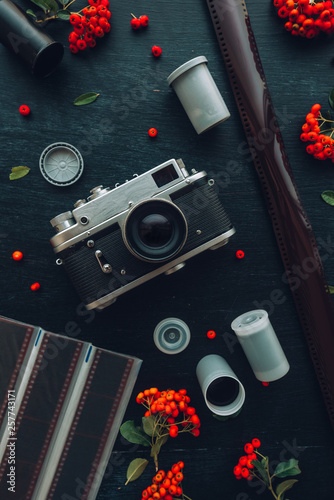 Flat lay hipster style old vintage photography camera photo