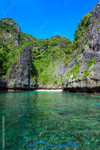 Wang Long Bay with crystal turquoise water, Tropical island Koh Phi Phi Don, Krabi Province, Thailand - Long boat in beautiful lagoon with rocks covered with a plants