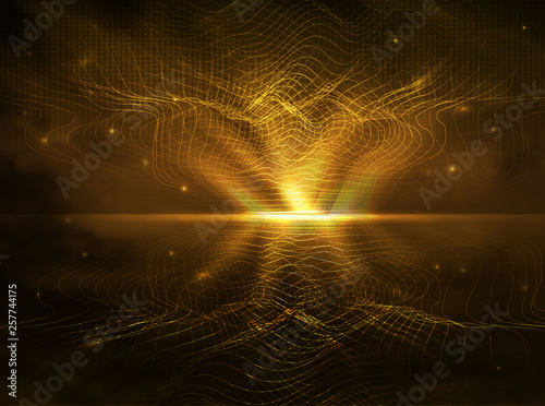 abstract gold lines in the style of waves, gold particles of digital waves and light. futuristic wave out of the lines and the glowing circle in the center in a realistic style. abstract futuristic te
