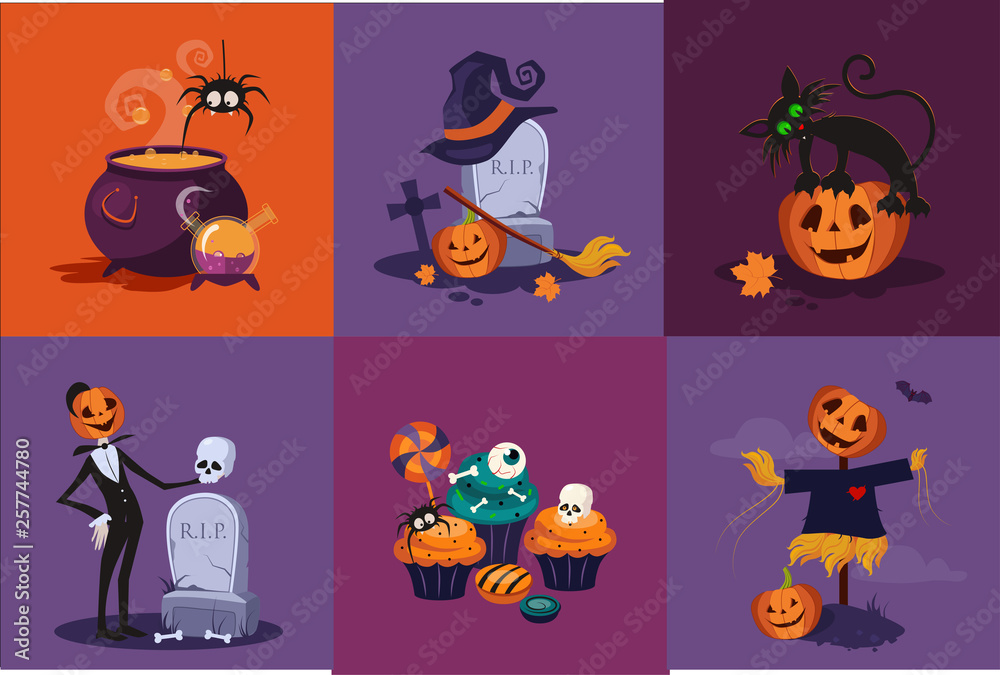 Flat vector set of Halloween icons. Cauldron with potion. Jack O Lantern, near grave, cat on pumpkinm cupcakes and lollipop