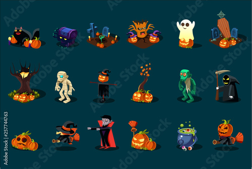 Cartoon flat vector set of Halloween icons. Black cat, pumpkins, witch on broom, grim Reaper, cauldron with green potion, Dracula, zombie