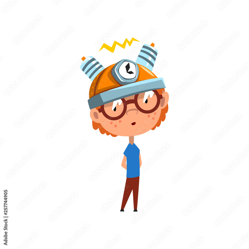 Cute kid with experimental equipment on his head, scientist boy character working on science experiment vector Illustration on a white background Cute kid with experimental equipment on his head, scientist boy character working on science experiment vector Illustration on a white background