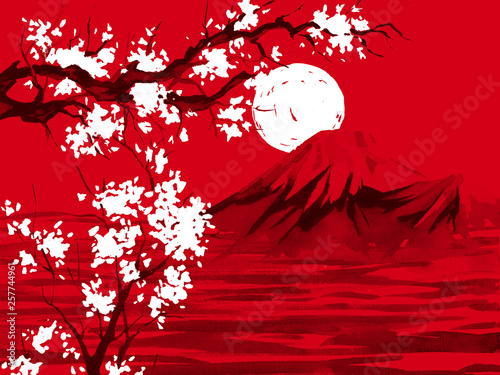 Japan traditional sumi-e painting. Watercolor and ink illustration in style sumi-e, u-sin. Fuji mountain, sakura, sunset. Japan sun. Indian ink illustration. Japanese picture, red background.