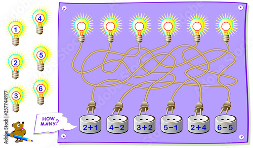 Printable educational page for kids with exercises on addition and subtraction. Solve examples and write numbers in circles. Back to school. Worksheet for baby textbook. Vector cartoon image.