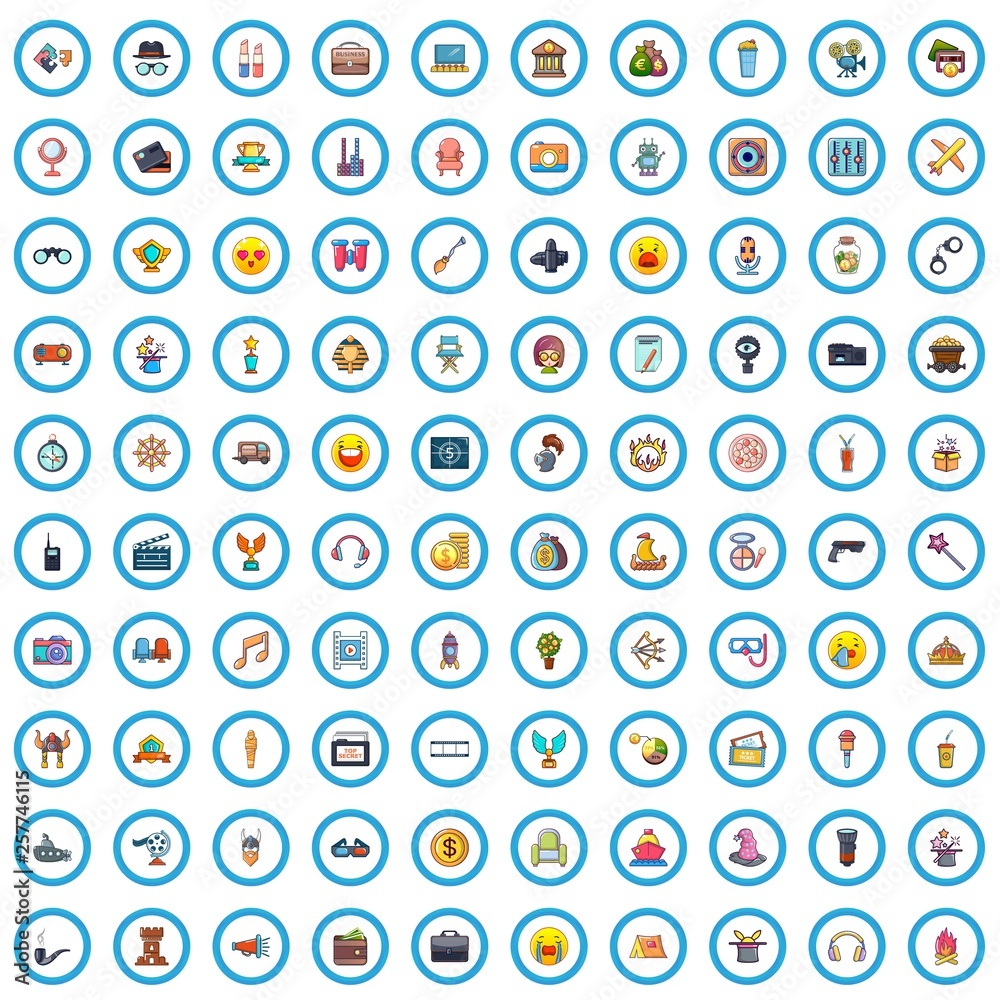 100 movie icons set. Cartoon illustration of 100 movie vector icons isolated on white background