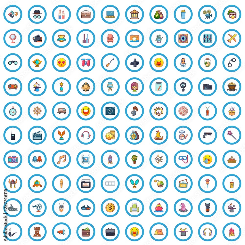 100 movie icons set. Cartoon illustration of 100 movie vector icons isolated on white background 100 movie icons set. Cartoon illustration of 100 movie vector icons isolated on white background