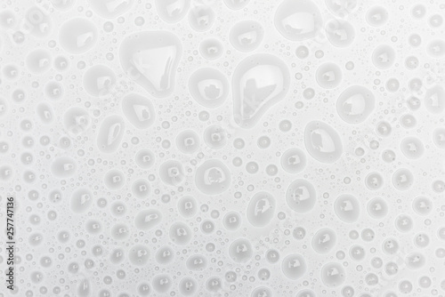 Droplets of water on a white, matte background illuminated with a delicate light.