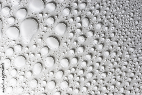 Droplets of water on a white, matte background illuminated with a delicate light.