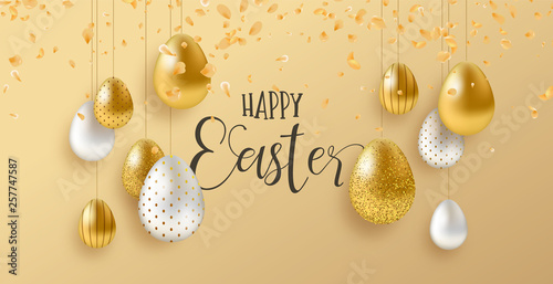 Gold Easter eggs and spring flower greeting card
