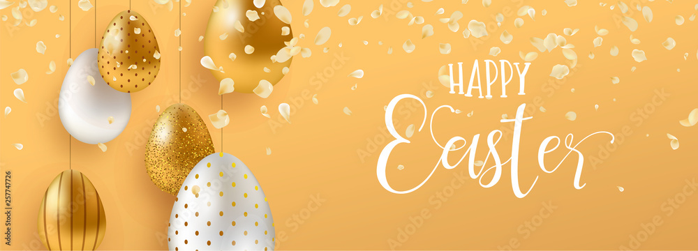 Gold Easter eggs and spring flower web banner
