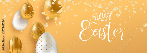 Gold Easter eggs and spring flower web banner
