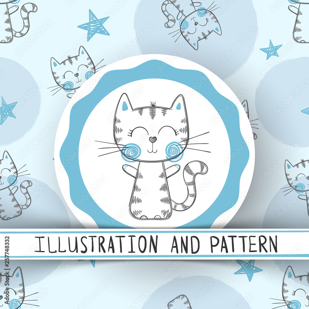 Cute cat - cartoon seamless pattern