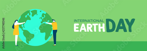 Earth Day web banner of people hugging planet