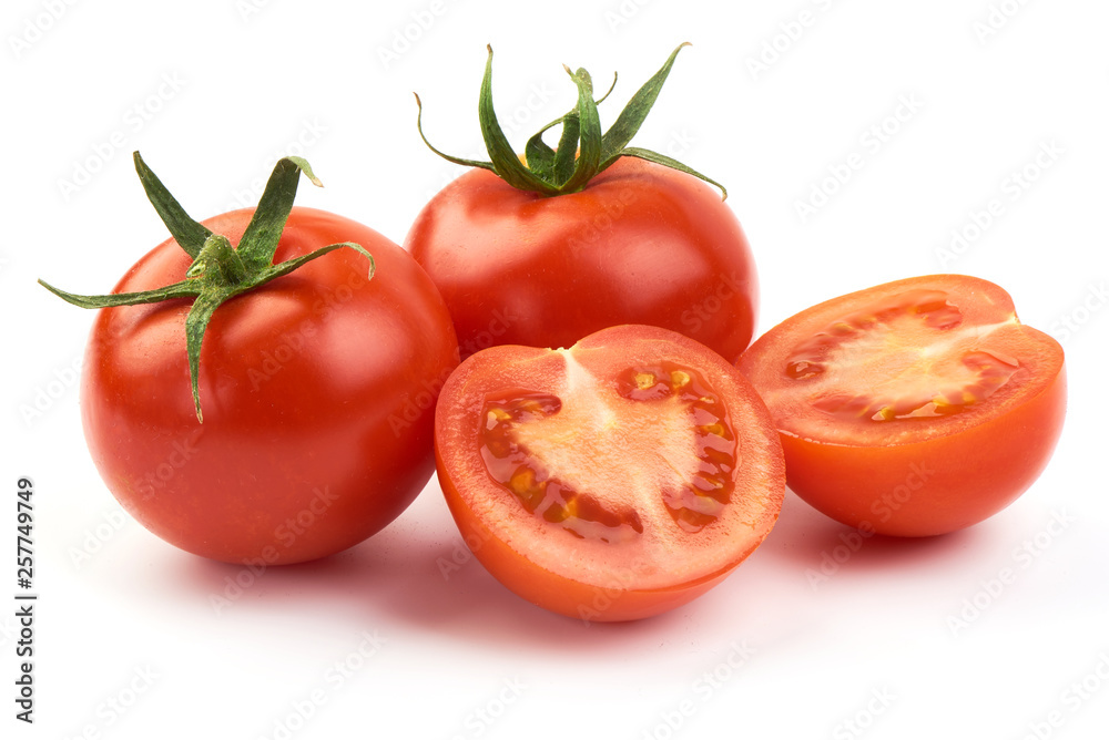 Juicy cherry tomatoes with half, close-up, isolated on white background Juicy cherry tomatoes with half, close-up, isolated on white background