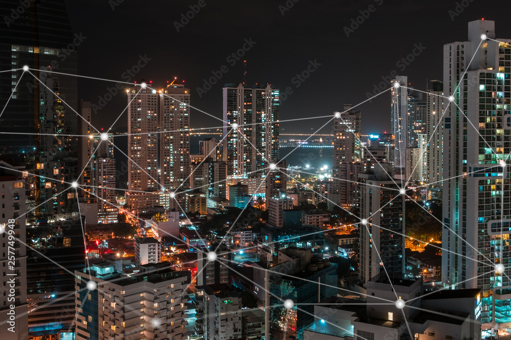 network illustration on city skyline at night - connecting technology concept -