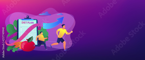 Businessman running and losing weight with diet plan and healthy food  tiny people. Weight loss diet  low-carb diet  healthy meal food concept. Header or footer banner template with copy space.