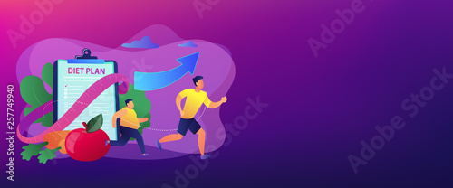 Businessman running and losing weight with diet plan and healthy food, tiny people. Weight loss diet, low-carb diet, healthy meal food concept. Header or footer banner template with copy space.