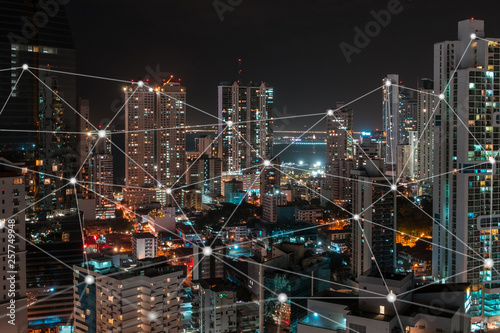 network illustration on city skyline at night - connecting technology concept -