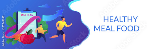 Businessman running and losing weight with diet plan and healthy food, tiny people. Weight loss diet, low-carb diet, healthy meal food concept. Header or footer banner template with copy space.