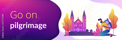 Kneeling pilgrim reached famous christian cathedral and praying. Christian pilgrimages, go on pilgrimage, visit the saint places concept. Header or footer banner template with copy space.
