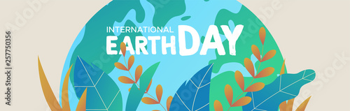 Earth Day banner of green planet with leaves