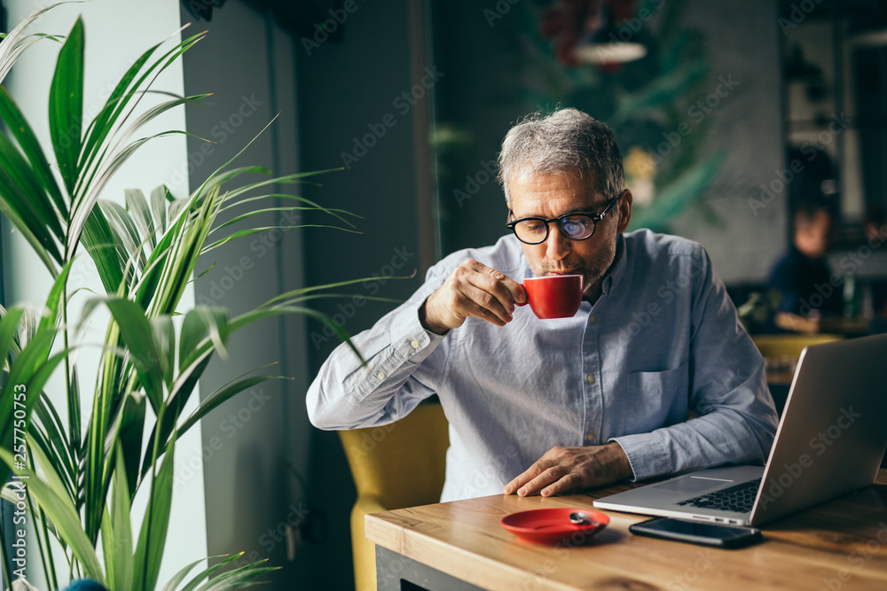 Fototapeta premium senior entrepreneur drinking cup of coffee in cafeteria