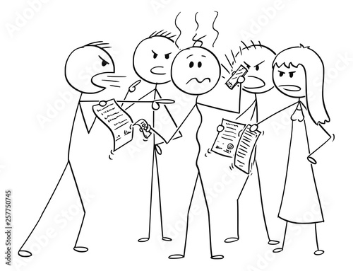 Cartoon stick figure drawing conceptual illustration of depressed man in debts surrounded by group of debtors asking for money return. Concept of financial responsibility.