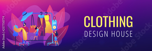Main master designer creating fashion clothes designs and hanging it on coat rack. Fashion house, clothing design house, fashion production concept. Header or footer banner template with copy space.