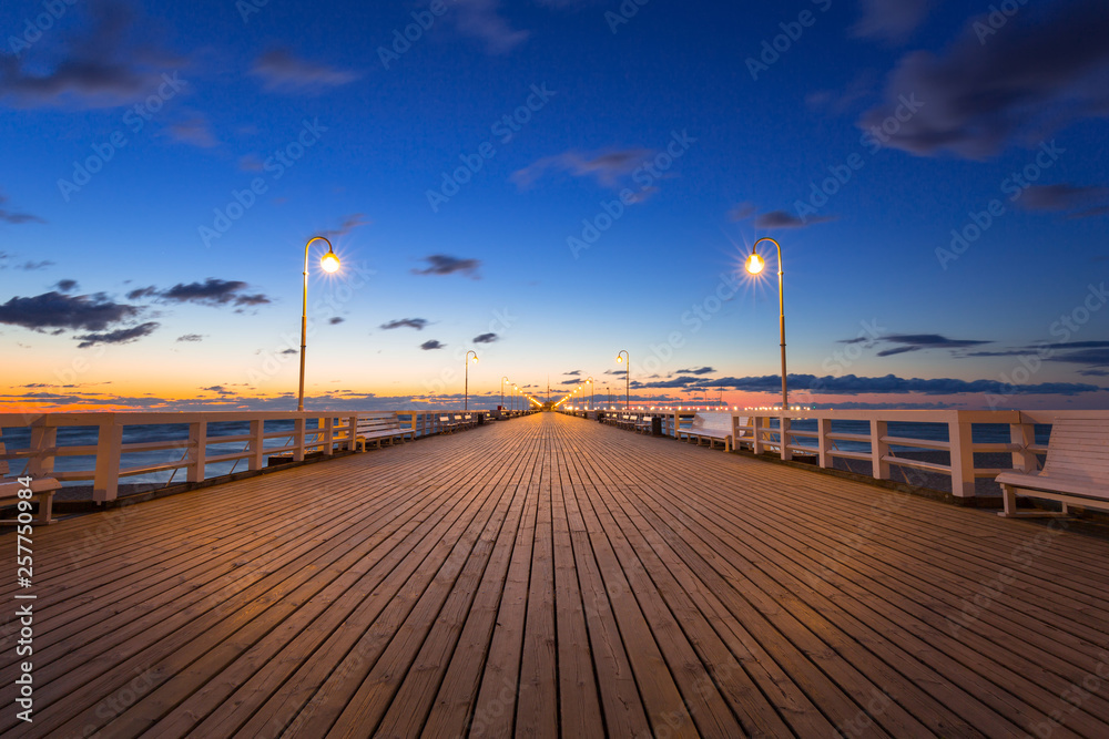 Baltic sea pier in Sopot at sunrise, Poland