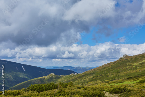 Summer landscape in mountains and the dark blue sky