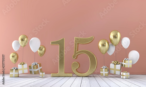 Number 15 birthday party composition with balloons and gift boxes. 3D Rendering