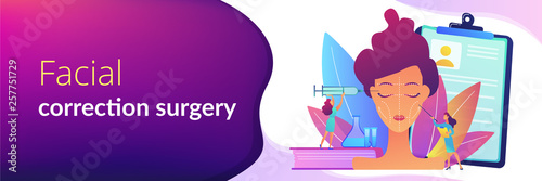 Surgeons with syringe doing facial contouring surgery to woman. Facial contouring, medical face sculpting, facial correction surgery concept. Header or footer banner template with copy space.