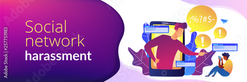 Bully in smartphone harassing, threatening and intimidating upset victim online. Cyberbullying, online flooding, social network harassment concept. Header or footer banner template with copy space.