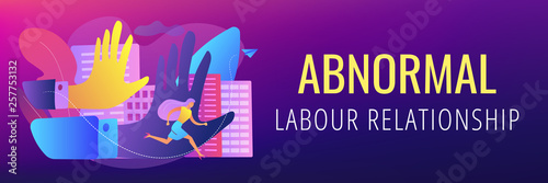 Big male hands pursuing and harrased female victim running away. Sexual harassment, sexulal bullying, abnormal labour relationship concept. Header or footer banner template with copy space.